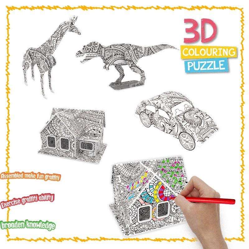  KAZOKU 3D Coloring Puzzle Set,4 Animals Puzzles with